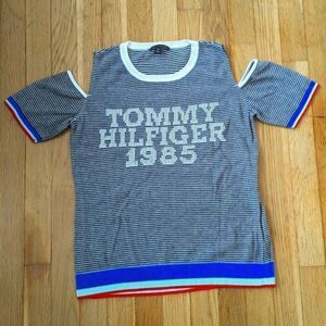 Tommy Hilfiger 1985 Navy and white striped logo graphic sweater top
